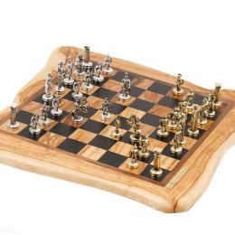 Olive Wood Handmade Premium Quality Rustic Style Chess Set, Metallic Chess Pieces 3