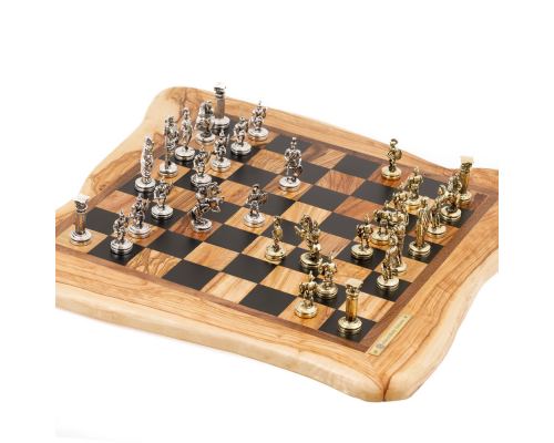 Olive Wood Handmade Premium Quality Rustic Style Chess Set, Metallic Chess Pieces 3