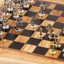Olive Wood Handmade Premium Quality Rustic Style Chess Set, Metallic Chess Pieces 9