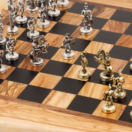 Olive Wood Handmade Premium Quality Rustic Style Chess Set, Metallic Chess Pieces 4