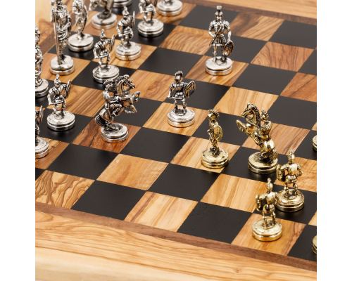 Olive Wood Handmade Premium Quality Rustic Style Chess Set, Metallic Chess Pieces 9