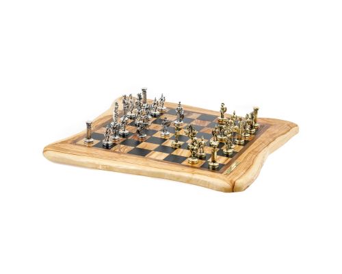Olive Wood Handmade Premium Quality Rustic Style Chess Set, Metallic Chess Pieces 7