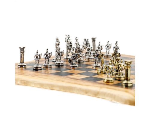 Olive Wood Handmade Premium Quality Rustic Style Chess Set, Metallic Chess Pieces 8