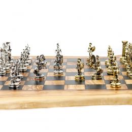 Olive Wood Handmade Premium Quality Rustic Style Chess Set, Metallic Chess Pieces 10