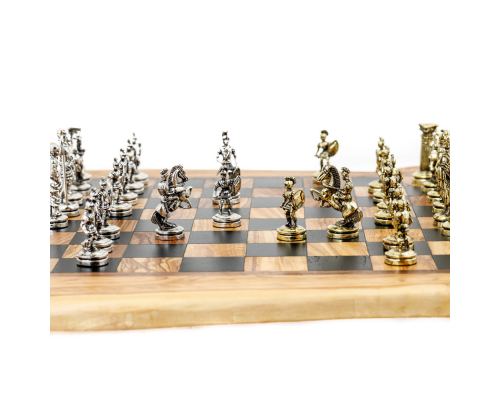 Olive Wood Handmade Premium Quality Rustic Style Chess Set, Metallic Chess Pieces 10