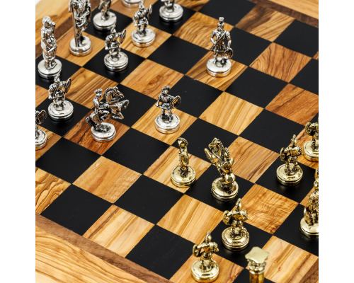 Σκάκι Πολυτελείας Ρουστίκ Χειροποίητο από Ξύλο Ελίας με Μεταλλικά Πιόνια 11