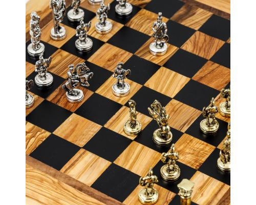 Olive Wood Handmade Premium Quality Rustic Style Chess Set, Metallic Chess Pieces 11