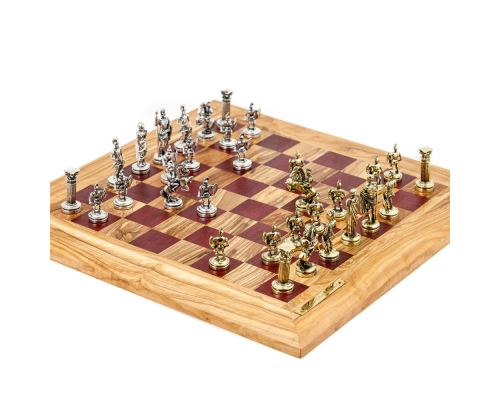 Σκάκι Πολυτελείας Χειροποίητο από Ξύλο Ελίας και Ξύλο Purple Heart με Μεταλλικά Πιόνια 3