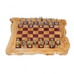 Olive Wood & Purple Heart Wood, Handmade Premium Quality, Rustic Style Chess Set, Metallic Chess Pieces, 42x42cm