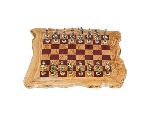 Olive Wood & Purple Heart Wood, Handmade Premium Quality, Rustic Style Chess Set, Metallic Chess Pieces Roman Style, 42x42cm