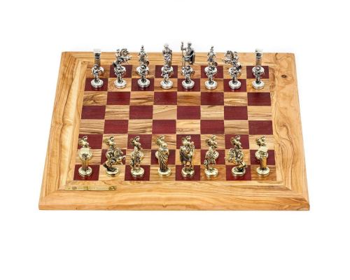 Σκάκι Πολυτελείας Χειροποίητο από Ξύλο Ελίας και Ξύλο Purple Heart με Μεταλλικά Πιόνια, 42x42cm