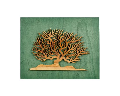 Tree of Life, Handmade of Olive Wood, Modern Wall Art Decor, Green Wooden Background, 45x35cm