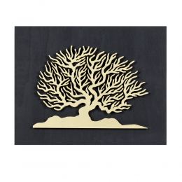 Tree of Life in Gold Color, Handmade of Wood on Black Wooden Background Modern Wall Art Decor, 45x35cm