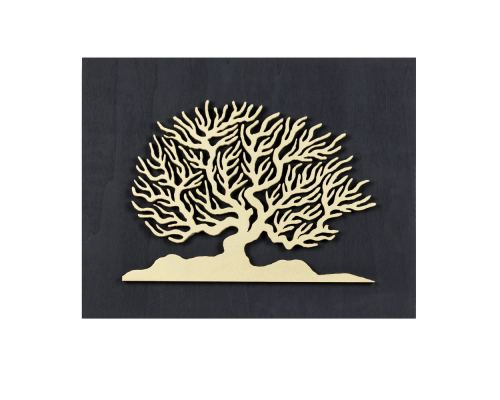 Tree of Life in Gold Color, Handmade of Wood on Black Wooden Background Modern Wall Art Decor, 45x35cm