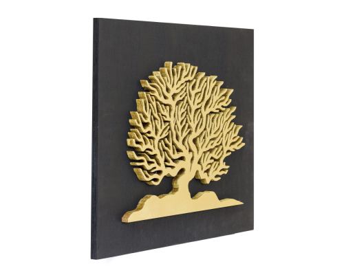 Tree of Life in Gold Color, Handmade of Olive Wood on Black Wooden Background Modern Wall Art Decor 2