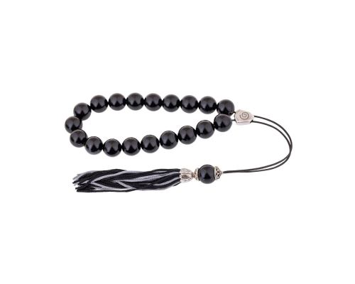 Black Resin Greek Worry Beads or Komboloi, Alpaca Metal Parts on Silk Cord & Tassel