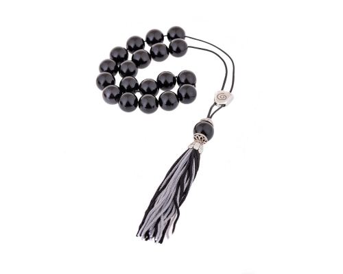 Black Resin Greek Worry Beads or Komboloi, Alpaca Metal Parts on Silk Cord & Tassel_2