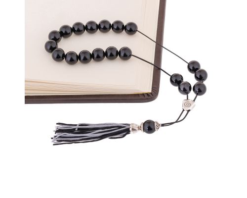 Black Resin Greek Worry Beads or Komboloi, Alpaca Metal Parts on Silk Cord & Tassel_3