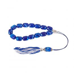 Blue with White Patterns Resin Greek Worry Beads or Komboloi, Alpaca Metal Parts on Silk Cord & Tassel