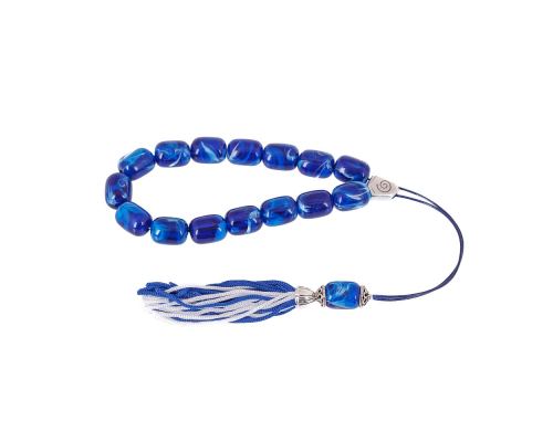 Blue with White Patterns Resin Greek Worry Beads or Komboloi, Alpaca Metal Parts on Silk Cord & Tassel