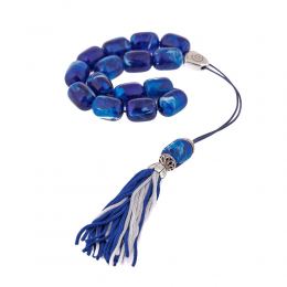 Blue with White Patterns Resin Greek Worry Beads or Komboloi, Alpaca Metal Parts on Silk Cord & Tassel_2