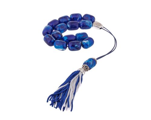 Blue with White Patterns Resin Greek Worry Beads or Komboloi, Alpaca Metal Parts on Silk Cord & Tassel_2