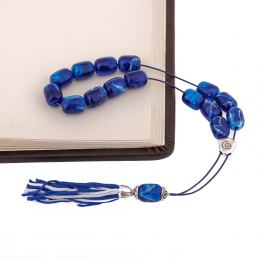 Blue with White Patterns Resin Greek Worry Beads or Komboloi, Alpaca Metal Parts on Silk Cord & Tassel_3