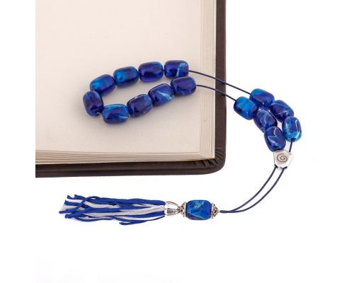 Blue with White Patterns Resin Greek Worry Beads or Komboloi, Alpaca Metal Parts on Silk Cord & Tassel_3