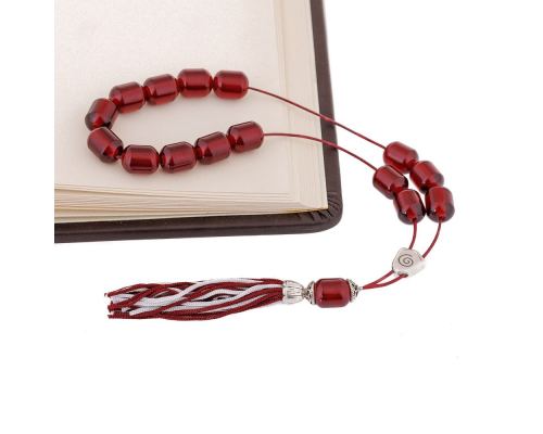 Bordeaux Resin Greek Worry Beads or Komboloi, Alpaca Metal Parts on Silk Cord & Tassel_3