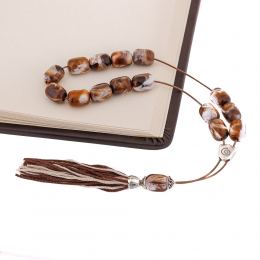 Brown with White Patterns Resin Greek Worry Beads or Komboloi, Alpaca Metal Parts on Silk Cord & Tassel_3