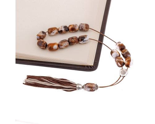 Brown with White Patterns Resin Greek Worry Beads or Komboloi, Alpaca Metal Parts on Silk Cord & Tassel_3
