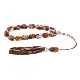 Brown with White Patterns Resin Greek Worry Beads or Komboloi, Alpaca Metal Parts on Silk Cord & Tassel