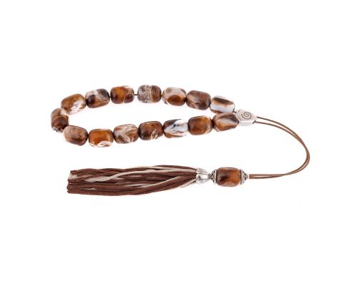 Brown with White Patterns Resin Greek Worry Beads or Komboloi, Alpaca Metal Parts on Silk Cord & Tassel