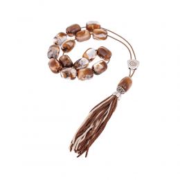 Brown with White Patterns Resin Greek Worry Beads or Komboloi, Alpaca Metal Parts on Silk Cord & Tassel_2