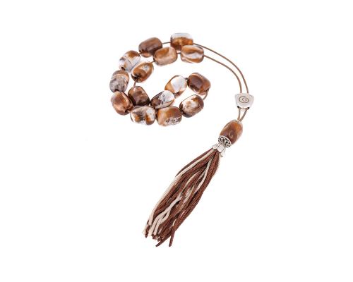 Brown with White Patterns Resin Greek Worry Beads or Komboloi, Alpaca Metal Parts on Silk Cord & Tassel_2