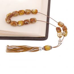 Gold with White Patterns Resin Greek Worry Beads or Komboloi, Alpaca Metal Parts on Silk Cord & Tassel_3