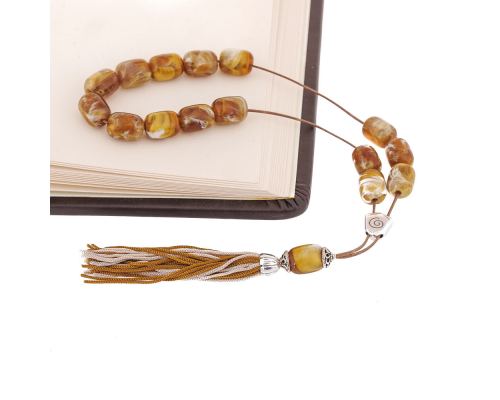 Gold with White Patterns Resin Greek Worry Beads or Komboloi, Alpaca Metal Parts on Silk Cord & Tassel_3