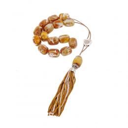 Gold with White Patterns Resin Greek Worry Beads or Komboloi, Alpaca Metal Parts on Silk Cord & Tassel_2