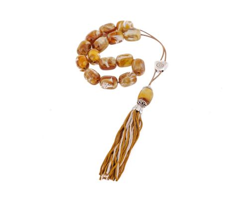 Gold with White Patterns Resin Greek Worry Beads or Komboloi, Alpaca Metal Parts on Silk Cord & Tassel_2
