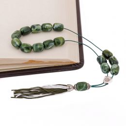 Green with White Patterns Resin Greek Worry Beads or Komboloi, Alpaca Metal Parts on Silk Cord & Tassel_3