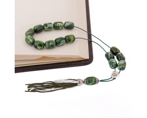 Green with White Patterns Resin Greek Worry Beads or Komboloi, Alpaca Metal Parts on Silk Cord & Tassel_3