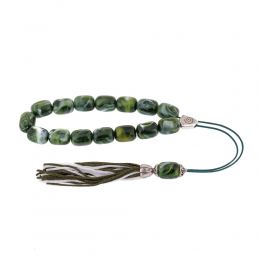 Green with White Patterns Resin Greek Worry Beads or Komboloi, Alpaca Metal Parts on Silk Cord & Tassel