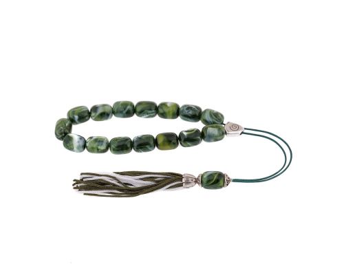 Green with White Patterns Resin Greek Worry Beads or Komboloi, Alpaca Metal Parts on Silk Cord & Tassel