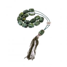 Green with White Patterns Resin Greek Worry Beads or Komboloi, Alpaca Metal Parts on Silk Cord & Tassel_2