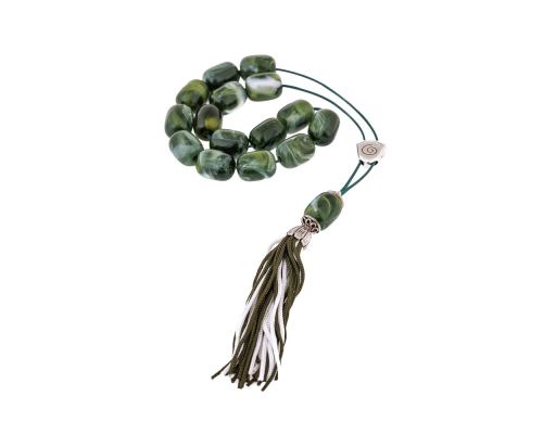 Green with White Patterns Resin Greek Worry Beads or Komboloi, Alpaca Metal Parts on Silk Cord & Tassel_2