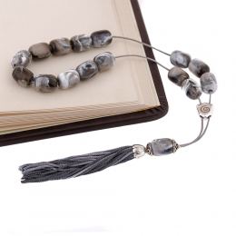 Grey with White Patterns Resin Greek Worry Beads or Komboloi, Alpaca Metal Parts on Silk Cord & Tassel_3