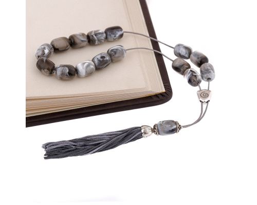 Grey with White Patterns Resin Greek Worry Beads or Komboloi, Alpaca Metal Parts on Silk Cord & Tassel_3