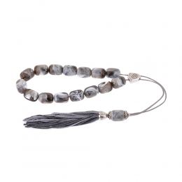 Grey with White Patterns Resin Greek Worry Beads or Komboloi, Alpaca Metal Parts on Silk Cord & Tassel
