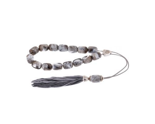 Grey with White Patterns Resin Greek Worry Beads or Komboloi, Alpaca Metal Parts on Silk Cord & Tassel