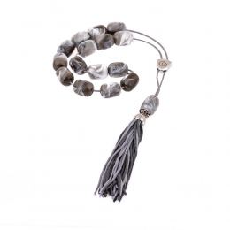 Grey with White Patterns Resin Greek Worry Beads or Komboloi, Alpaca Metal Parts on Silk Cord & Tassel_2